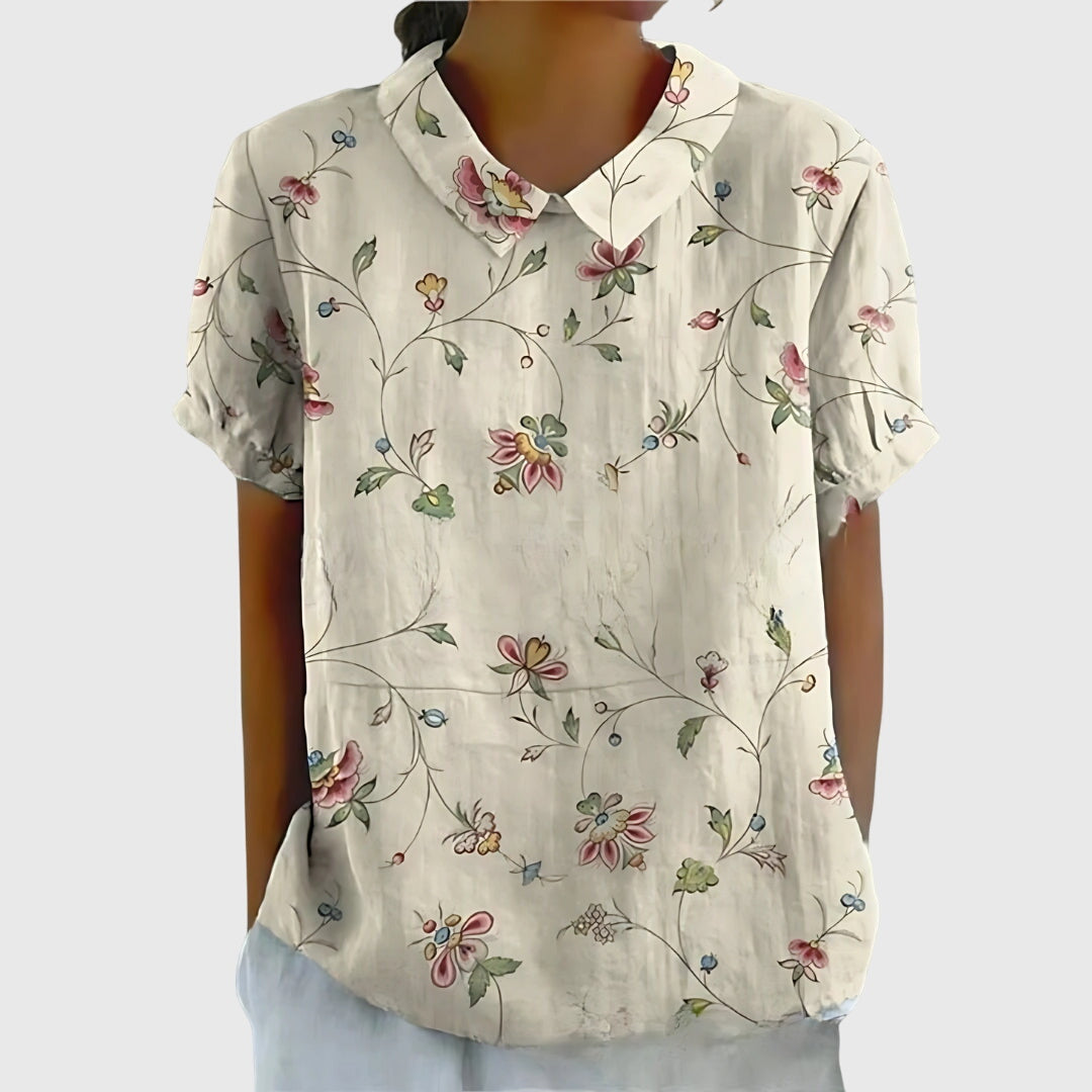 Collared Short Sleeve Floral Blouse