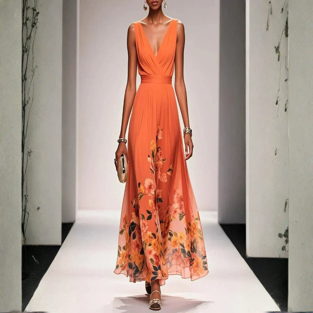 Botanical Print V-Neck Midi Event Dress