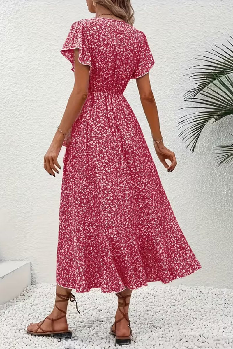 Asymmetric Ruffle Hem Floral Wrap Midi Dress