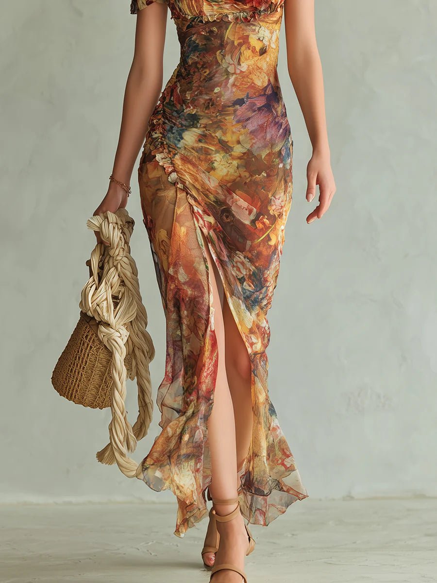 Sweetheart Neck Floral Chiffon Maxi Dress with Side Slit