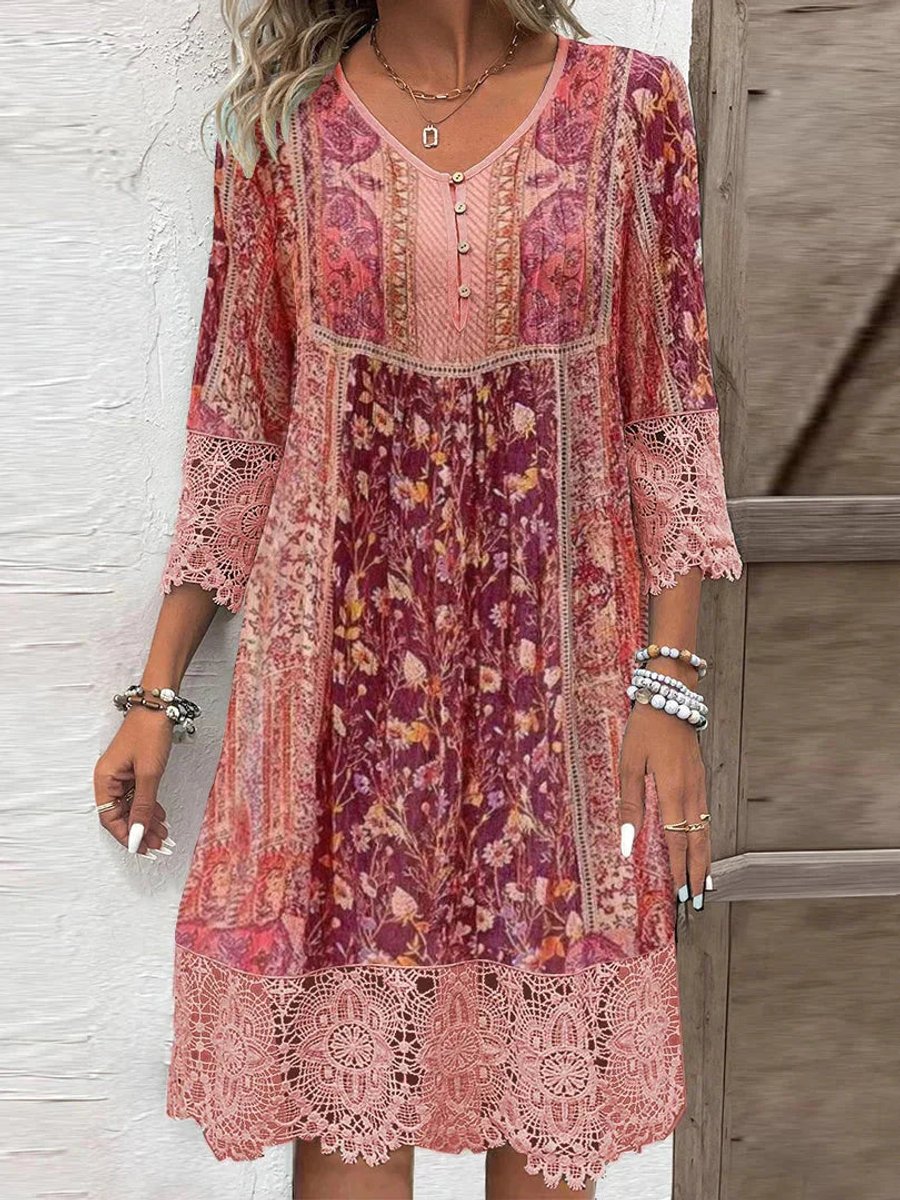 Floral Print Tunic Dress with Lace-Trim 3/4 Sleeves