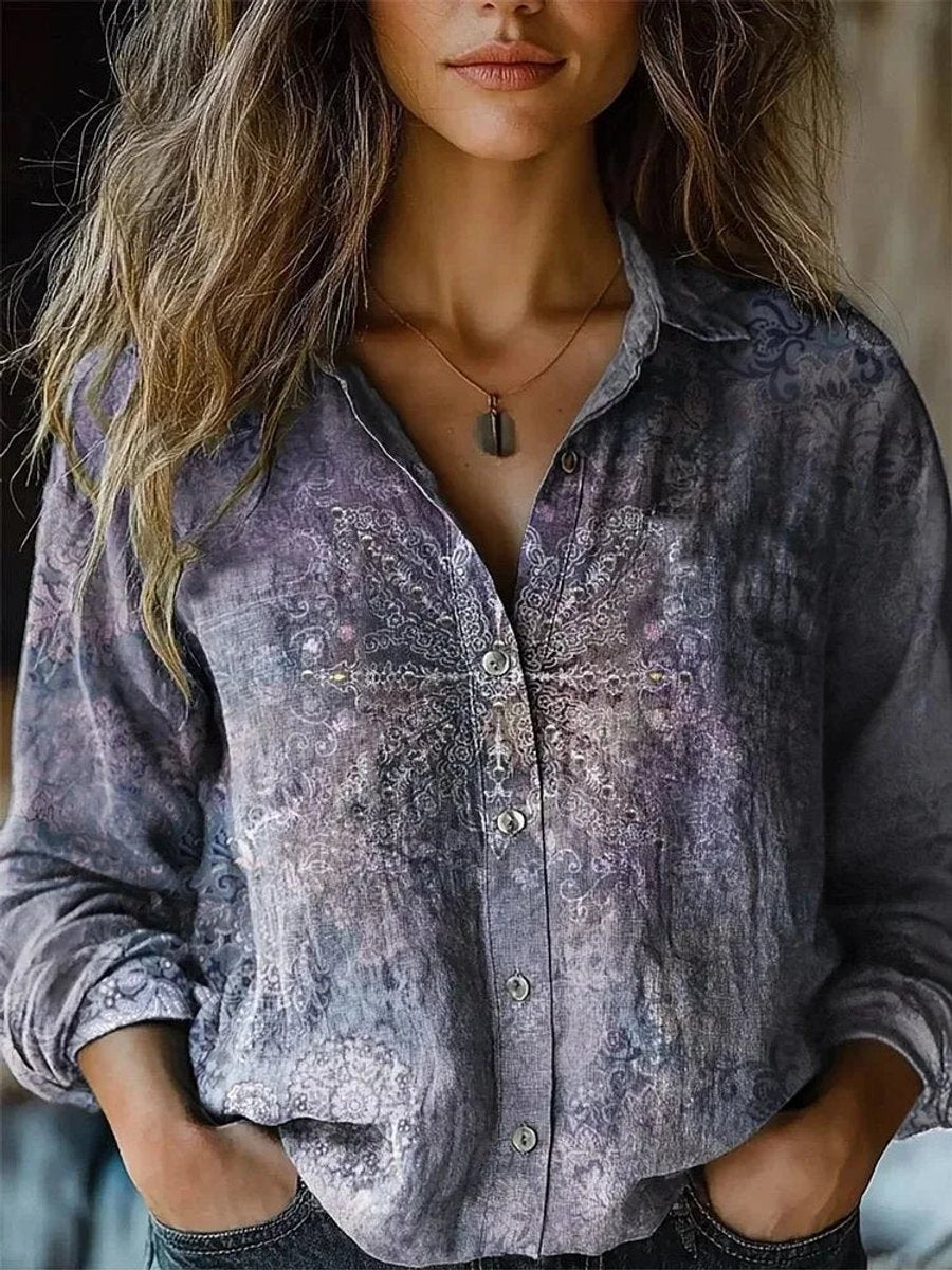 Long Sleeve Boho Floral Shirt with Revere Collar