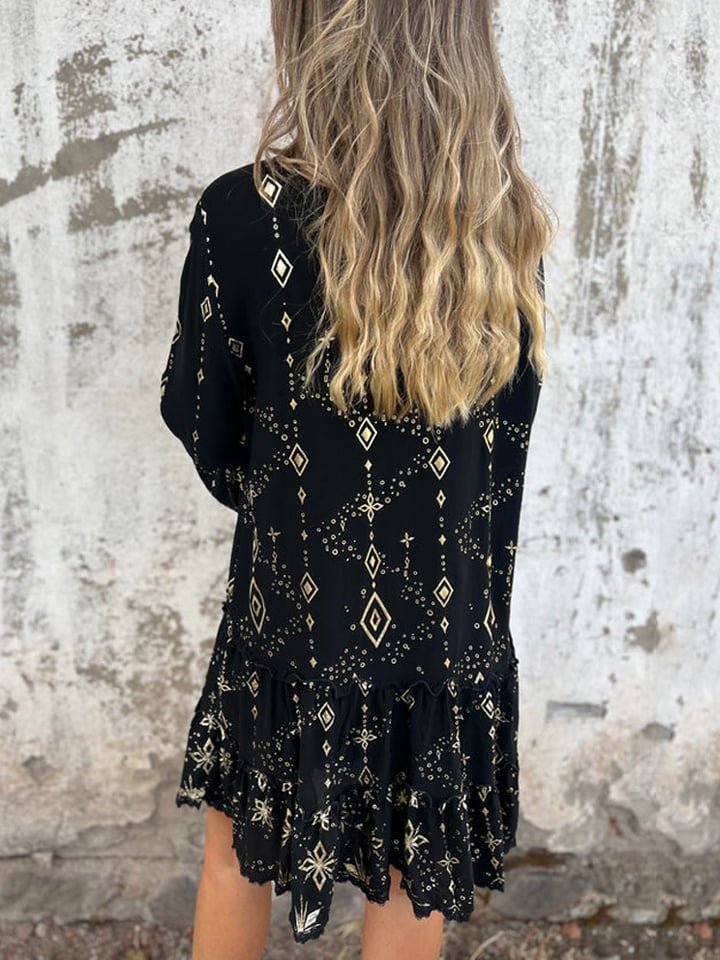 Tiered Bohemian Smock Dress with Flared Sleeves