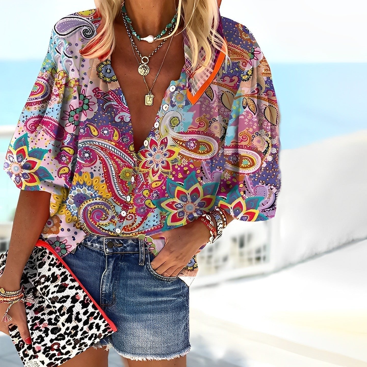 Paisley Print V-Neck Blouse with 3/4 Sleeves