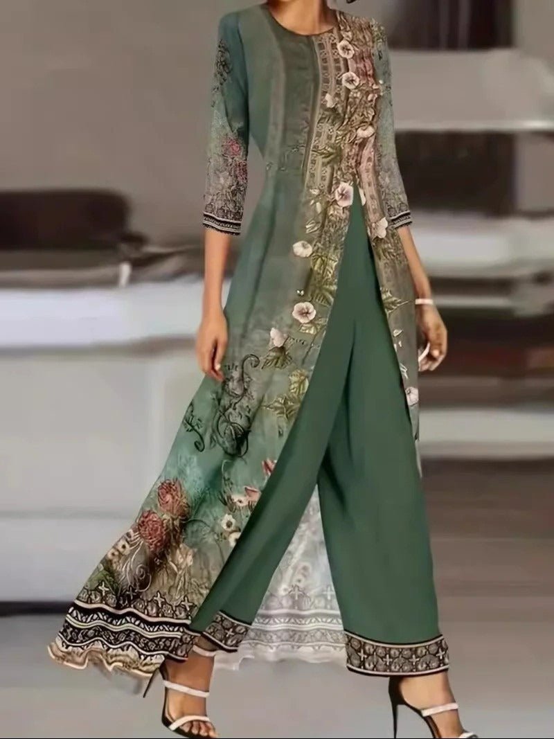 Botanical Print Tunic and Wide-Leg Trouser Set