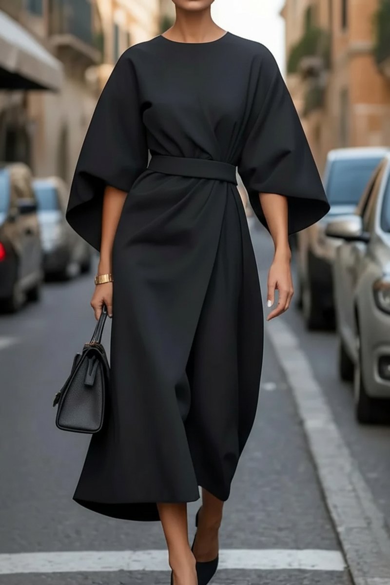 Lantern Sleeve Belted Midi Cocktail Dress