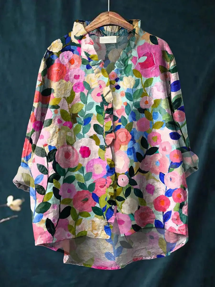 Linen-Blend Frill Neck Floral Top