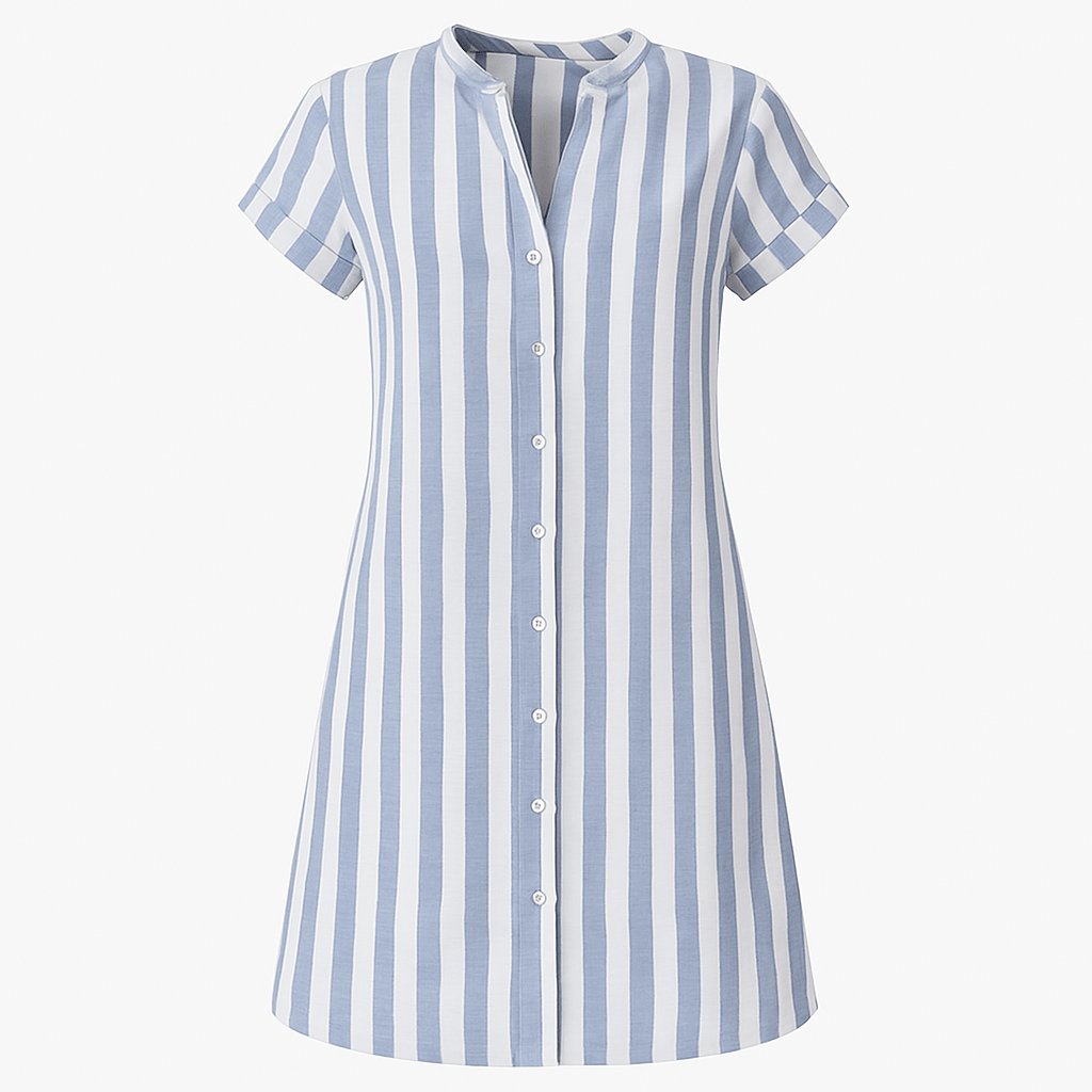 Short-Sleeve Striped Linen A-Line Shirt Dress