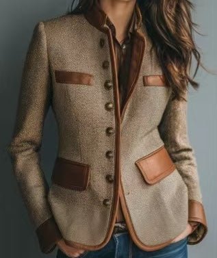 Textured Tweed Fitted Blazer with Contrast Trim