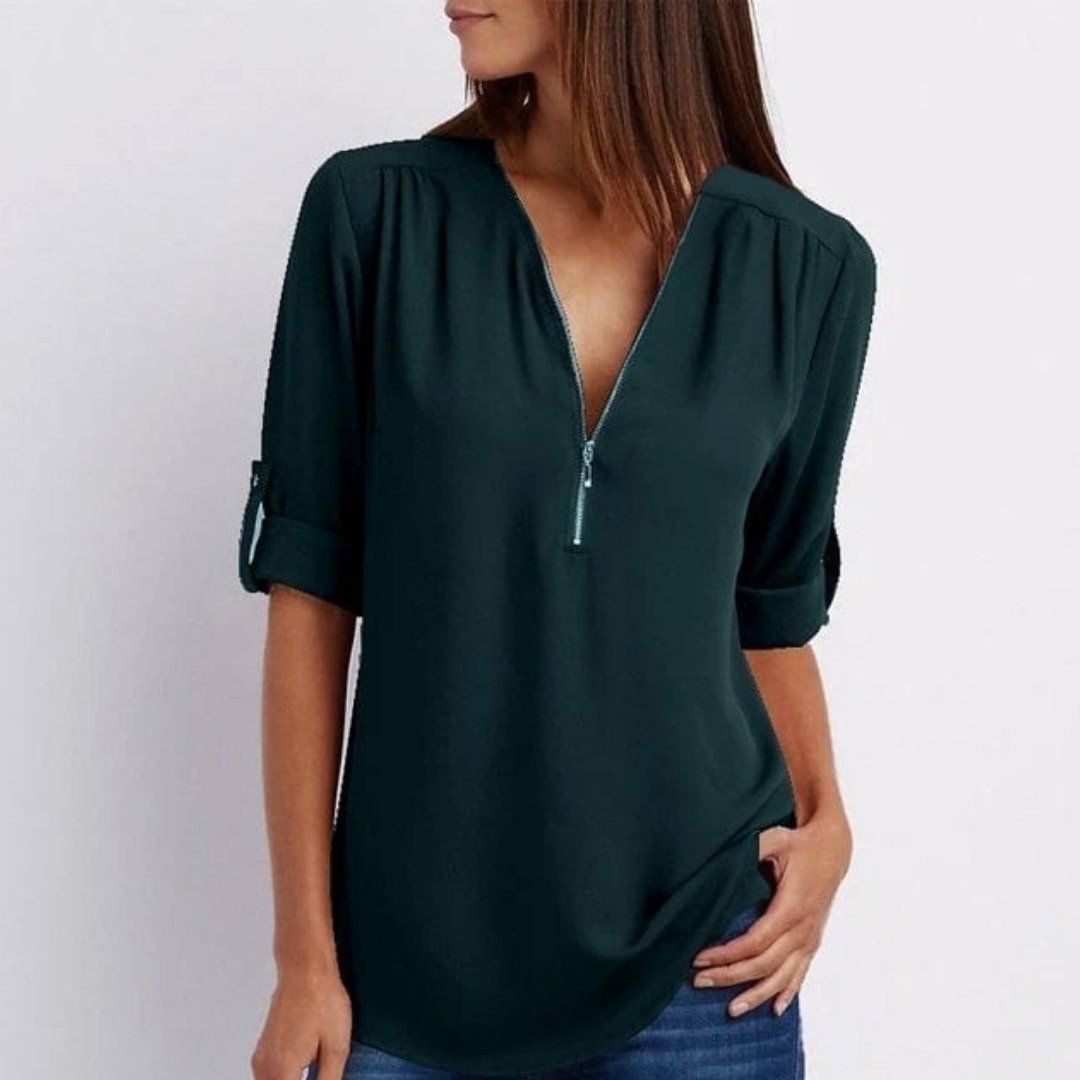 Women's Zip V-Neck Blouse with Roll-Tab Sleeves
