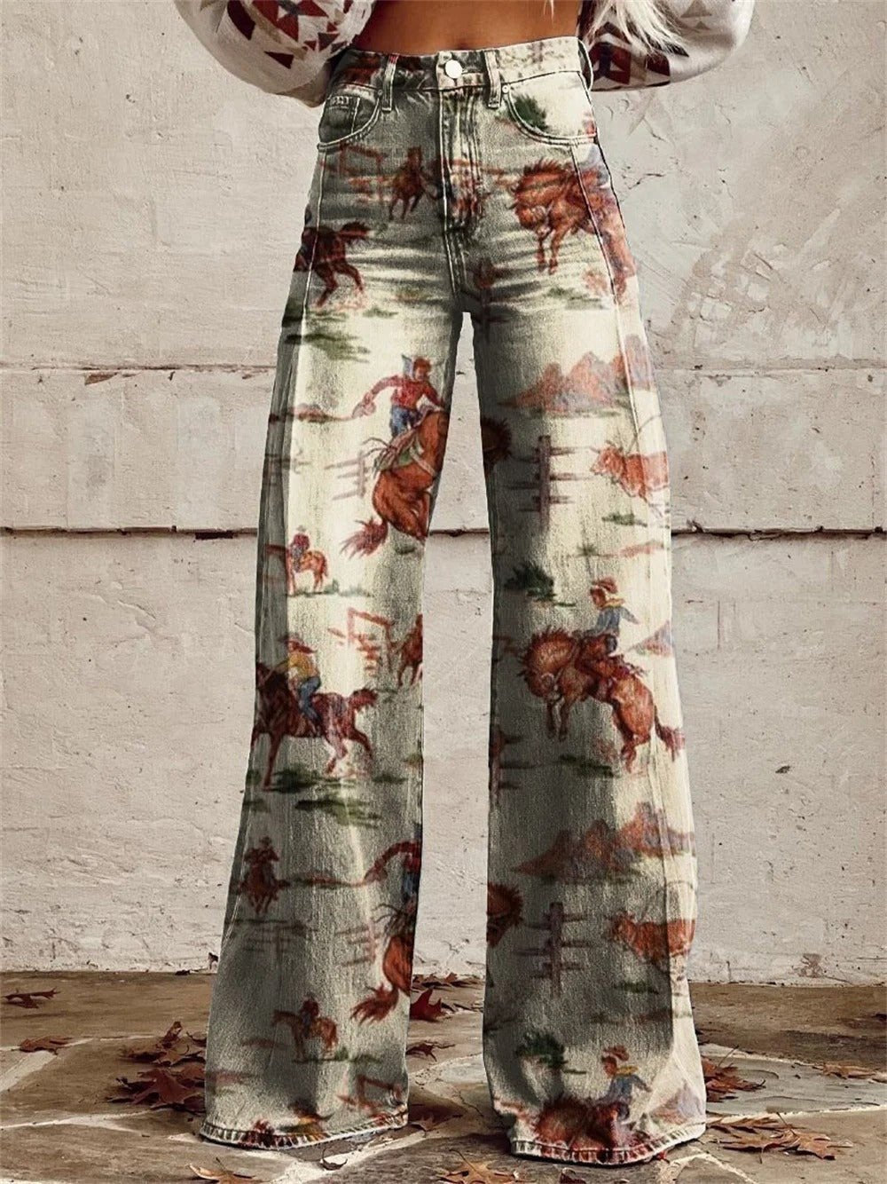 Western Motif High-Waisted Wide Leg Denim Trousers