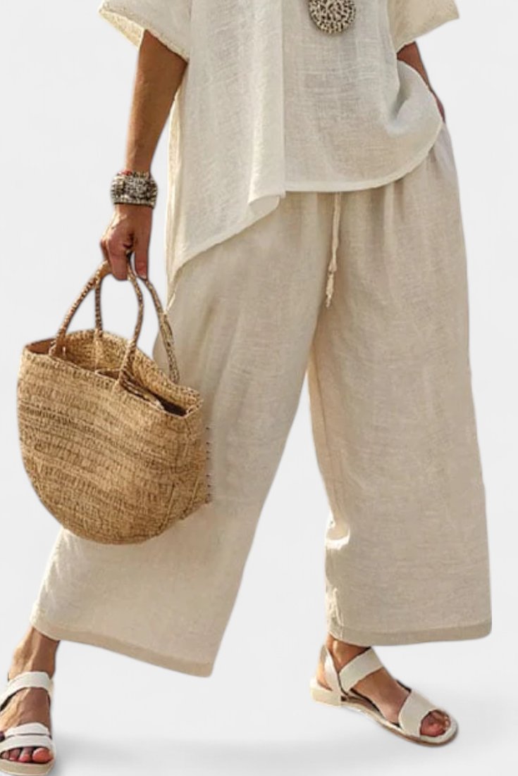 Asymmetric Linen Co-ord with Flowing Wide-Leg Trousers