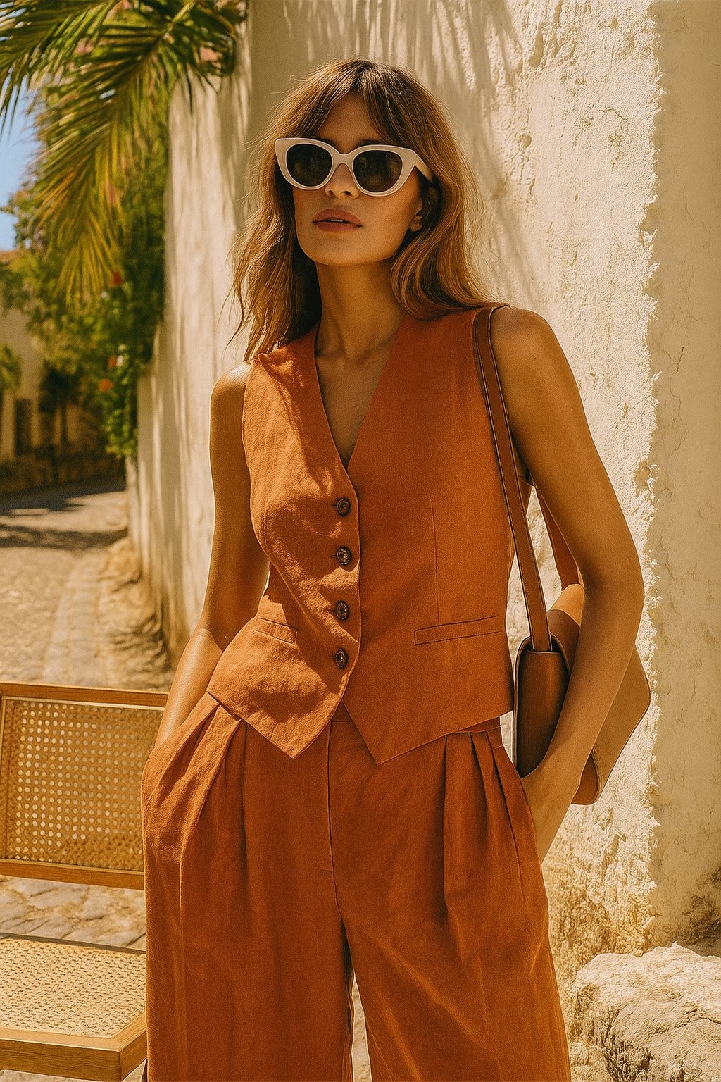 Tailored Linen-Blend Blazer and Wide-Leg Trouser Suit Set