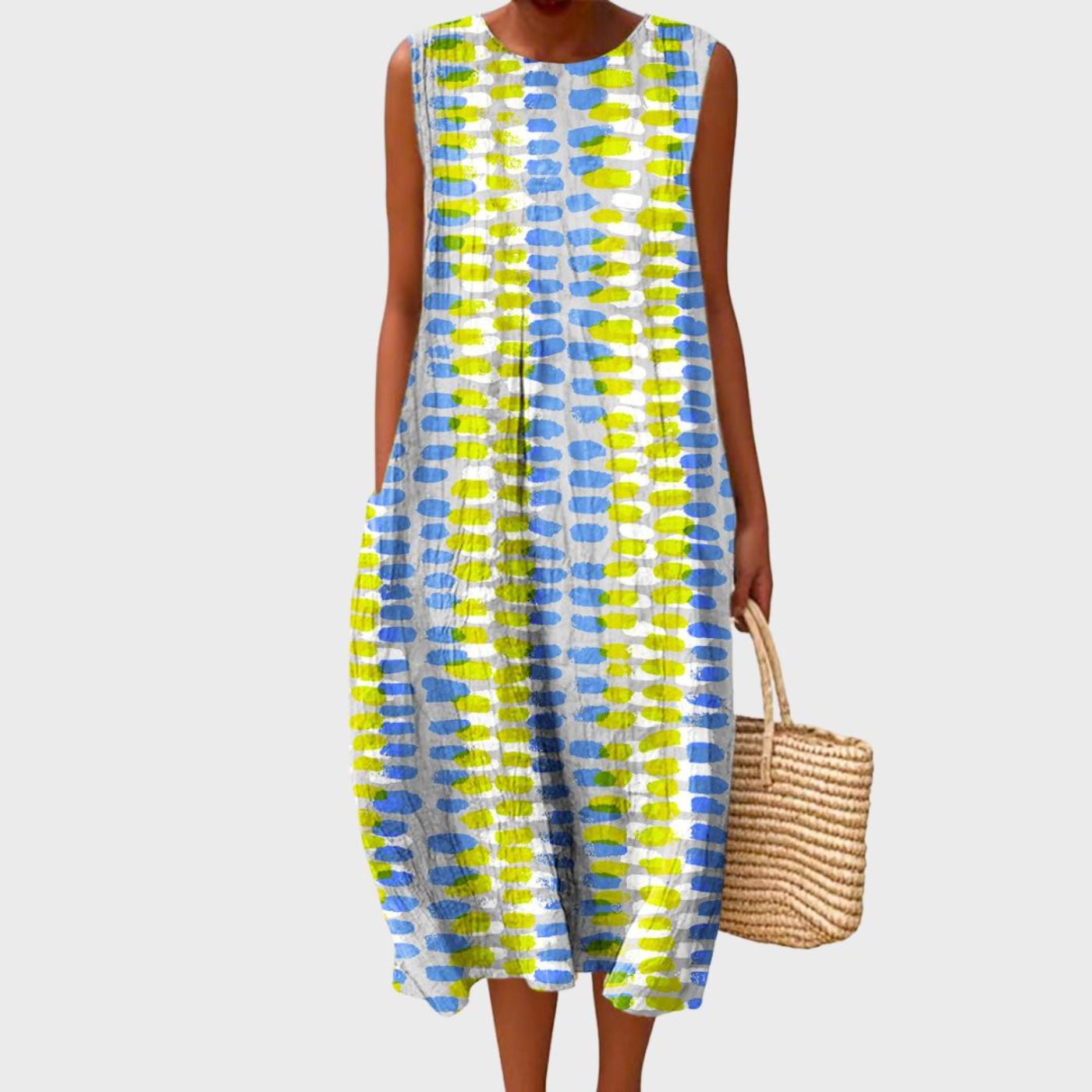 Check Pattern Linen Sleeveless Midi Dress