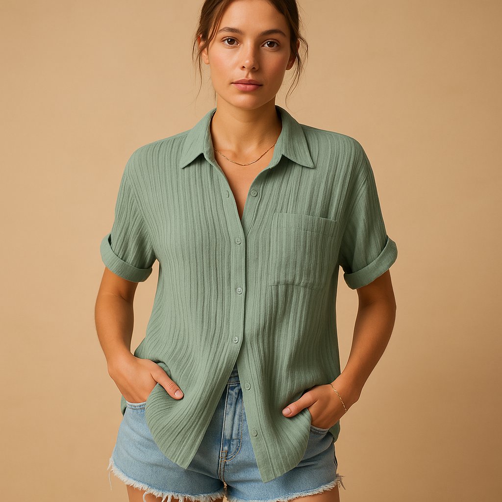 Crinkle-Textured Short Sleeve Button-Up Shirt