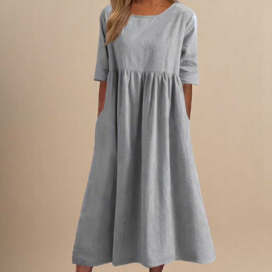 Linen Half-Sleeve Empire Midi Dress
