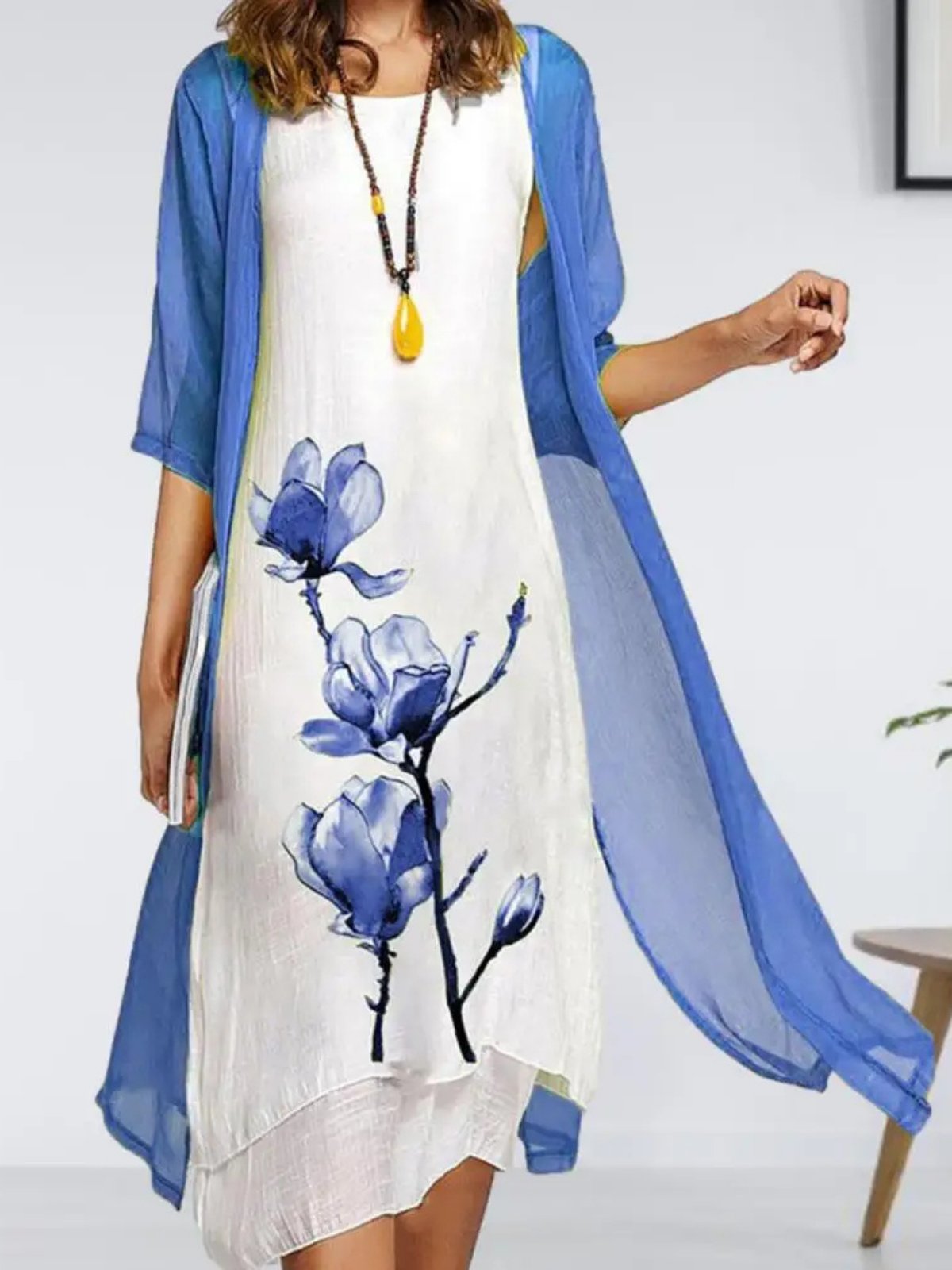 Linen Blend Sleeveless Midi Dress & Sheer Overcoat Set