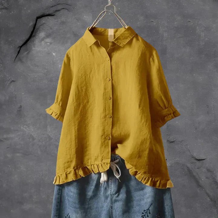 Women's Ruffled Sleeve Linen Button-Up Shirt