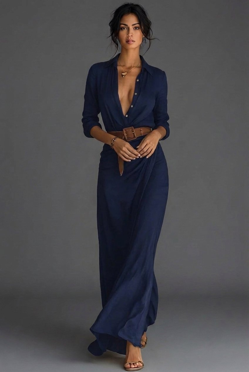 Women's Long Sleeve Collared Linen Wrap Maxi Dress