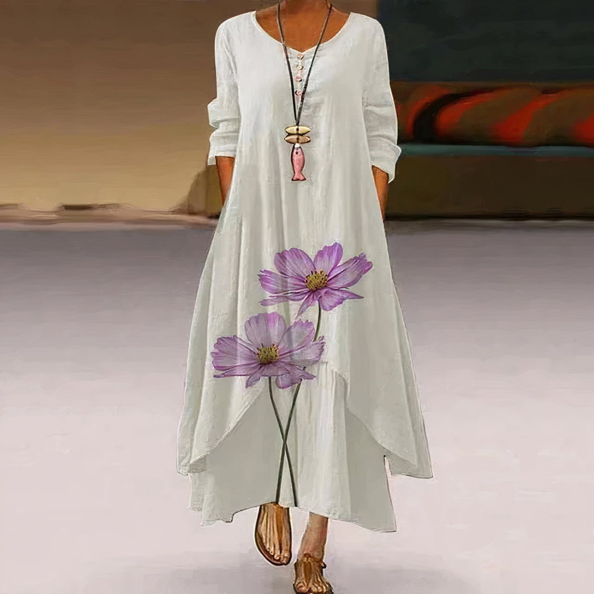 Botanical Hem Long Sleeve Maxi Dress