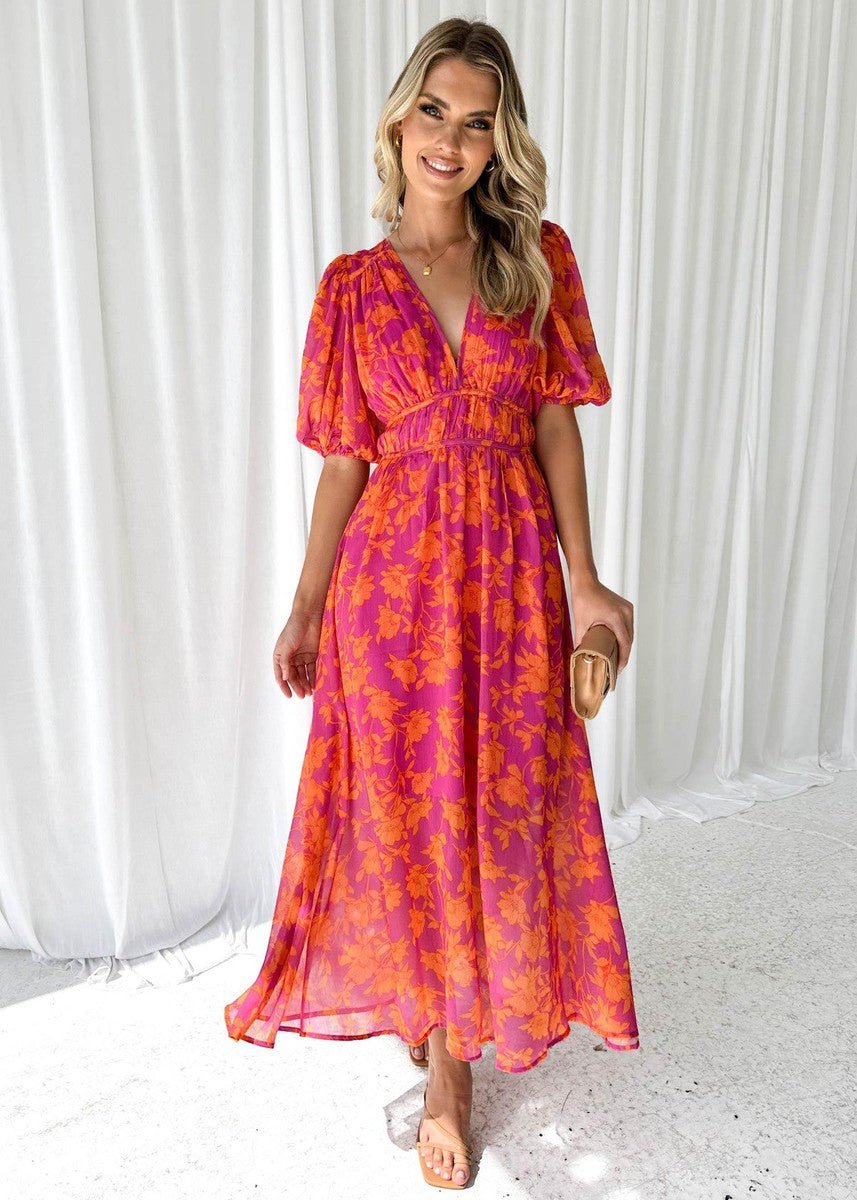 Floral V-Neck Puff Sleeve Midi Dress