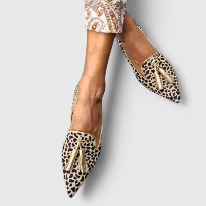 Leopard Print Pointed Loafers with Pink Tassel Trim