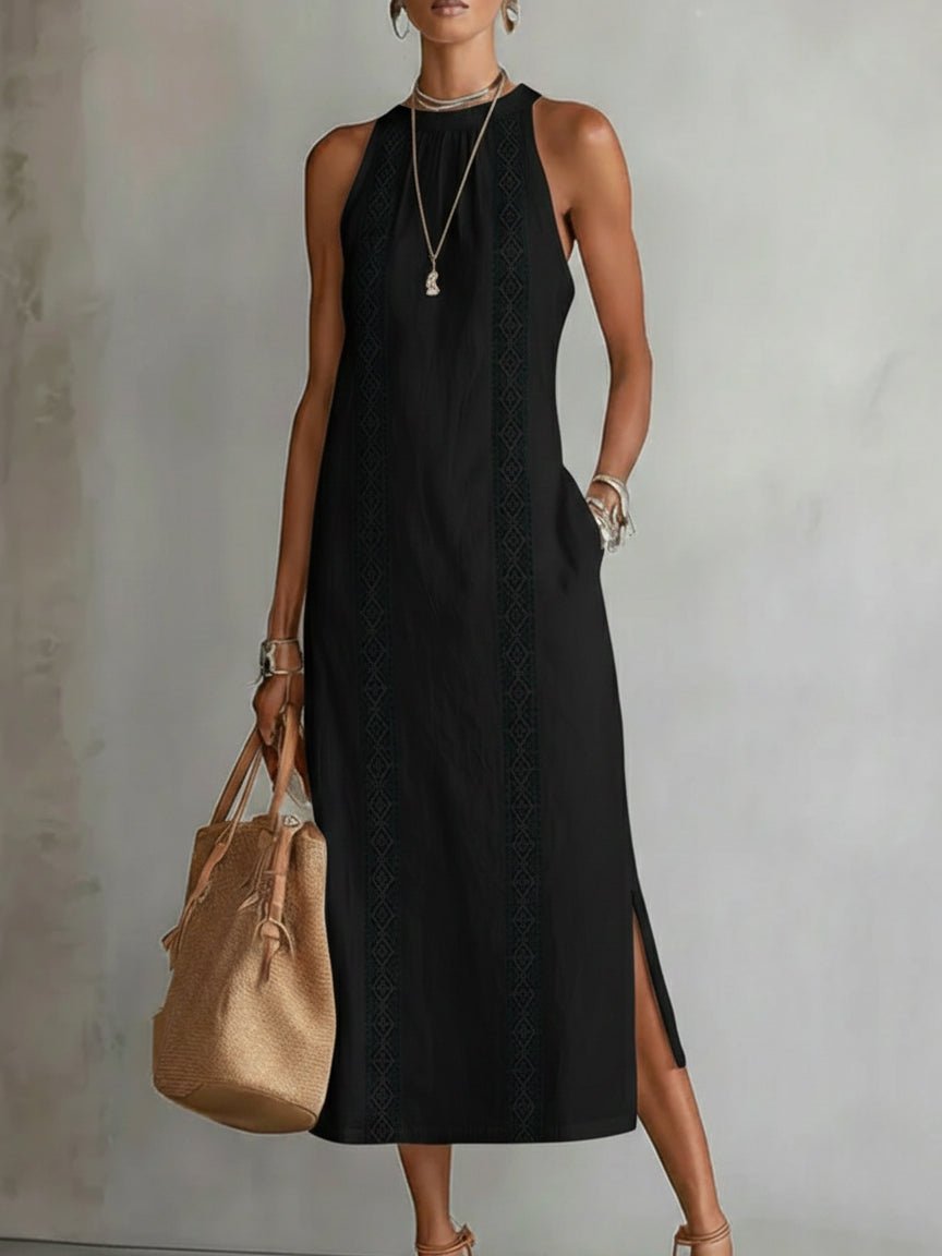 Women's Crew-Neck Sleeveless Embroidered Midi Dress