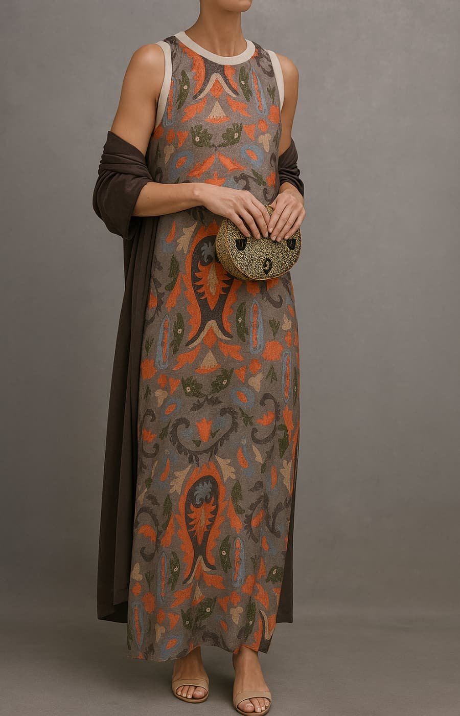 Botanical Print Sleeveless Maxi Dress with Matching Scarf