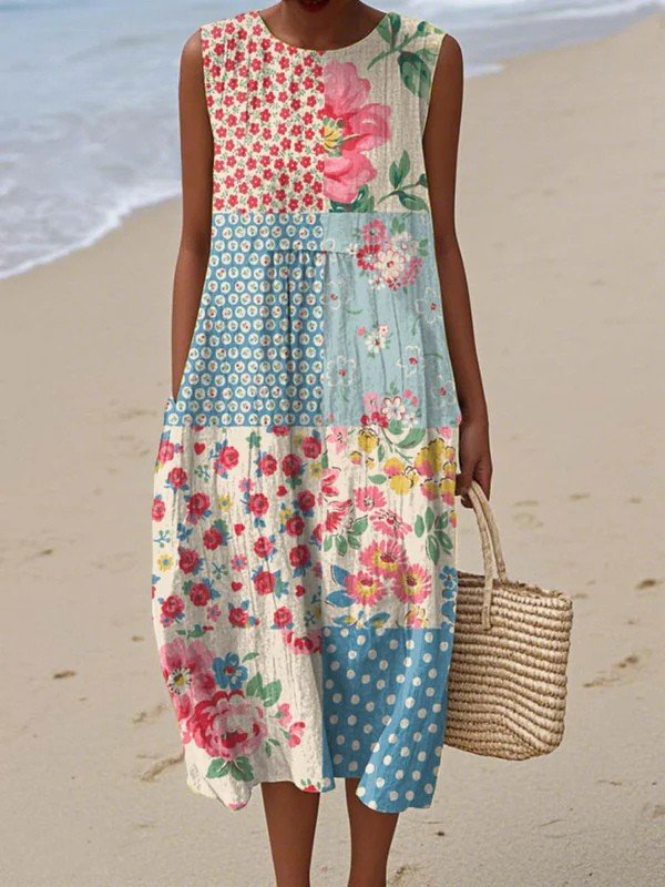 Patchwork Floral Sleeveless Midi Sundress