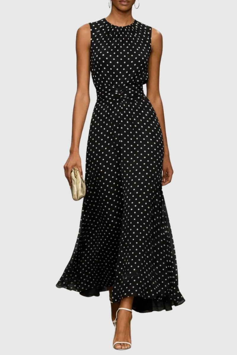 Polka Dot Sleeveless Maxi Dress with Flounce Hem