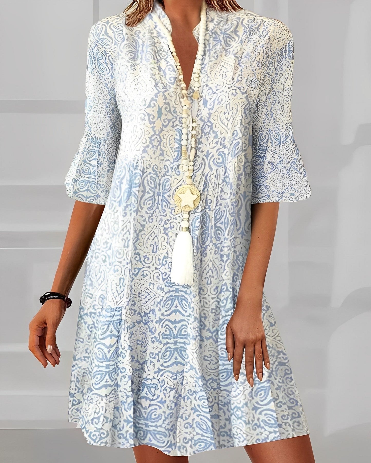 Paisley Pattern 3/4 Sleeve V-Neck Day Dress