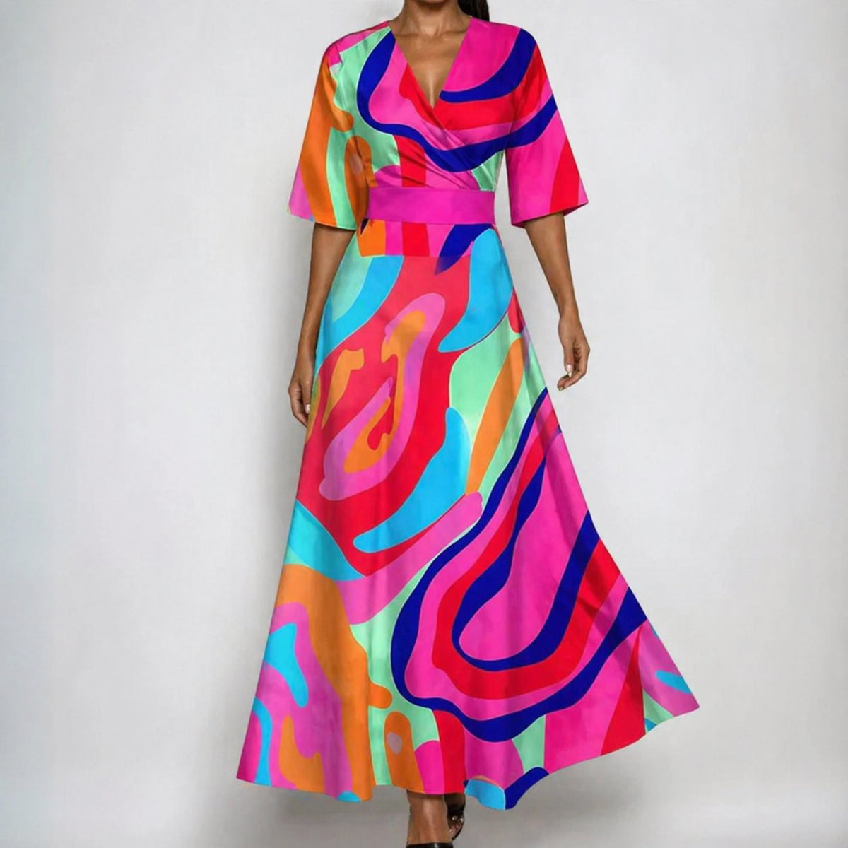 V-Neck Floral Wrap Maxi Dress