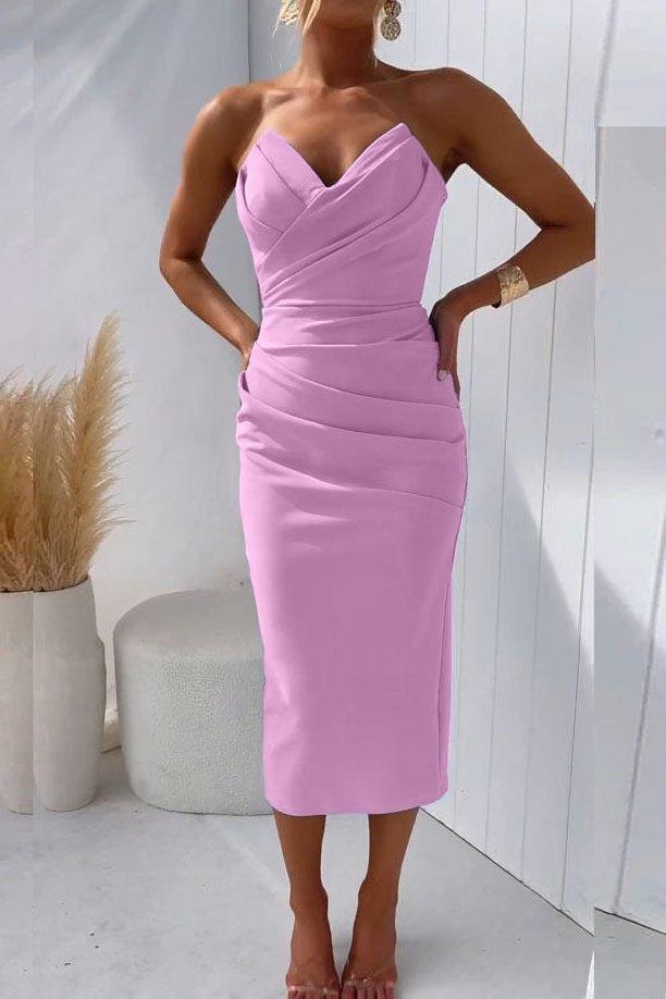 Gathered Front Strapless Midi Dress