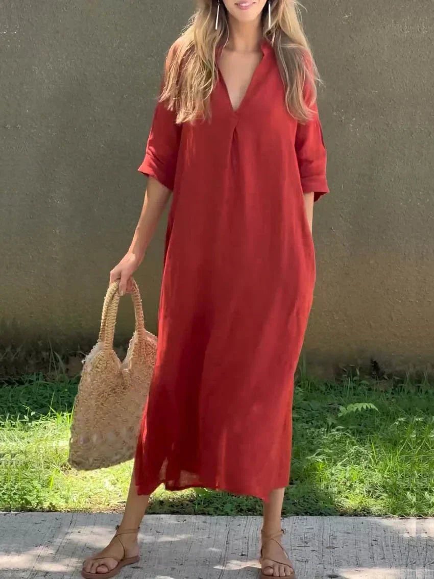 Relaxed V-Neck Linen-Cotton Maxi Dress