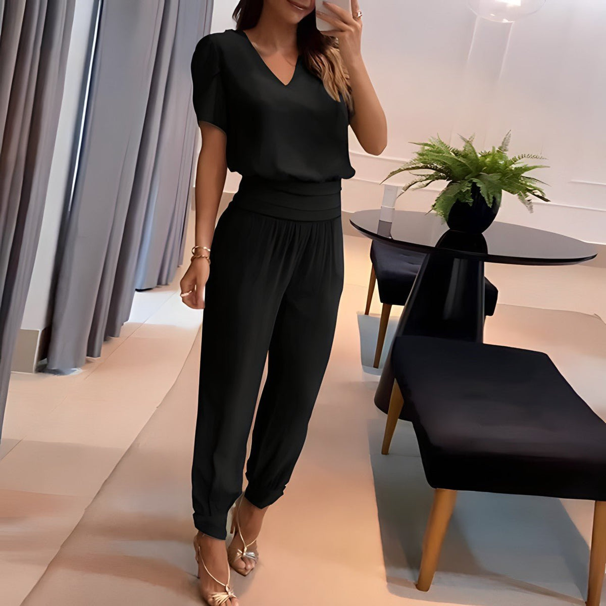 V-Neck Short-Sleeve Top and Geometric Wide-Leg Pants Set