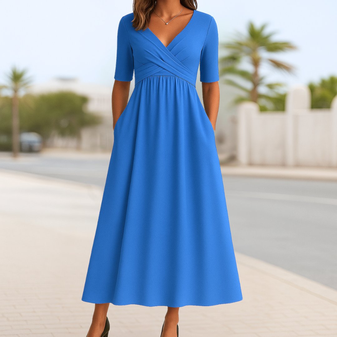 Short Sleeve Wrap Front Midi Dress with Pockets