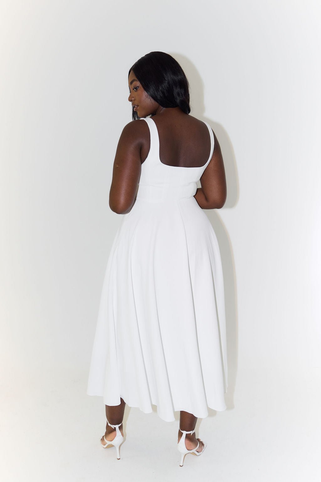 Square Neck Midi A-Line Dress in White