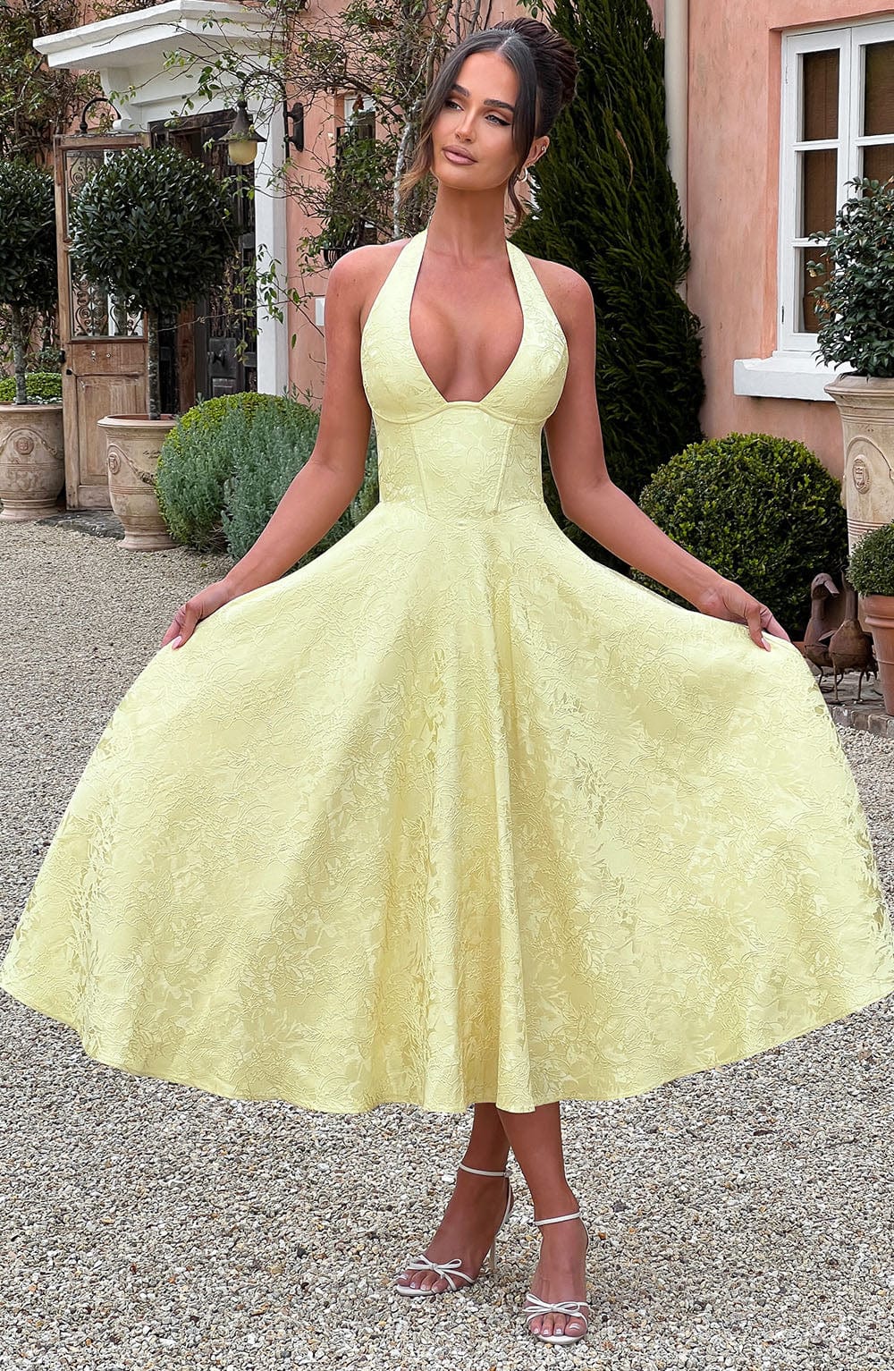 Halter-Neck Textured Midi Dress