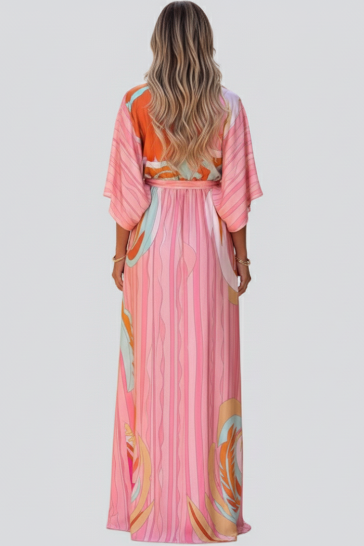 Women's Belted Print Maxi Dress with V-Neck