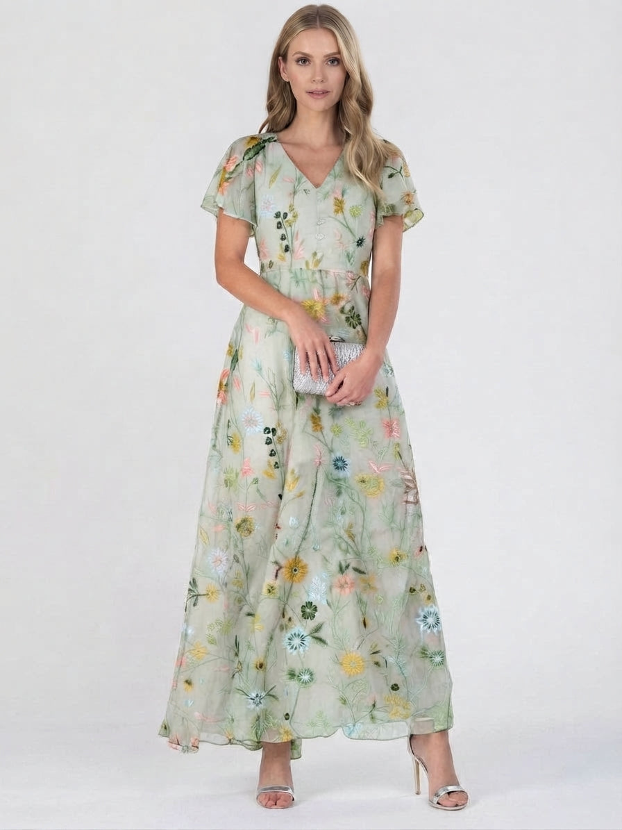 Botanical V-Neck Flowing Maxi Dress