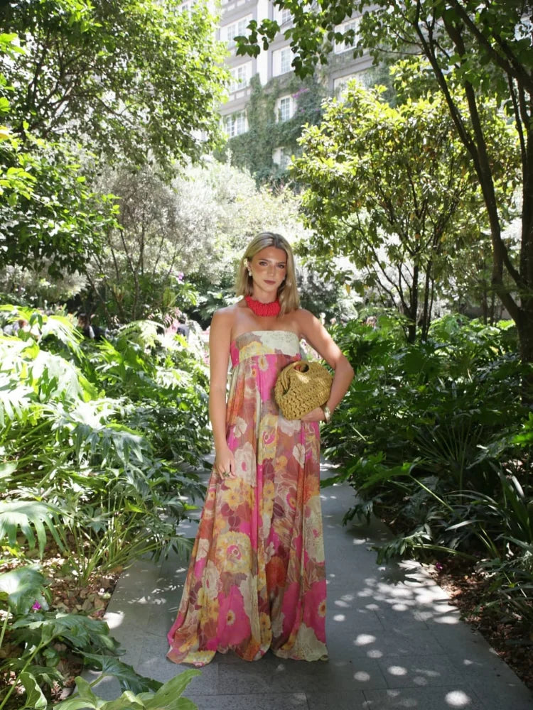 Strapless Floral Print Maxi Dress