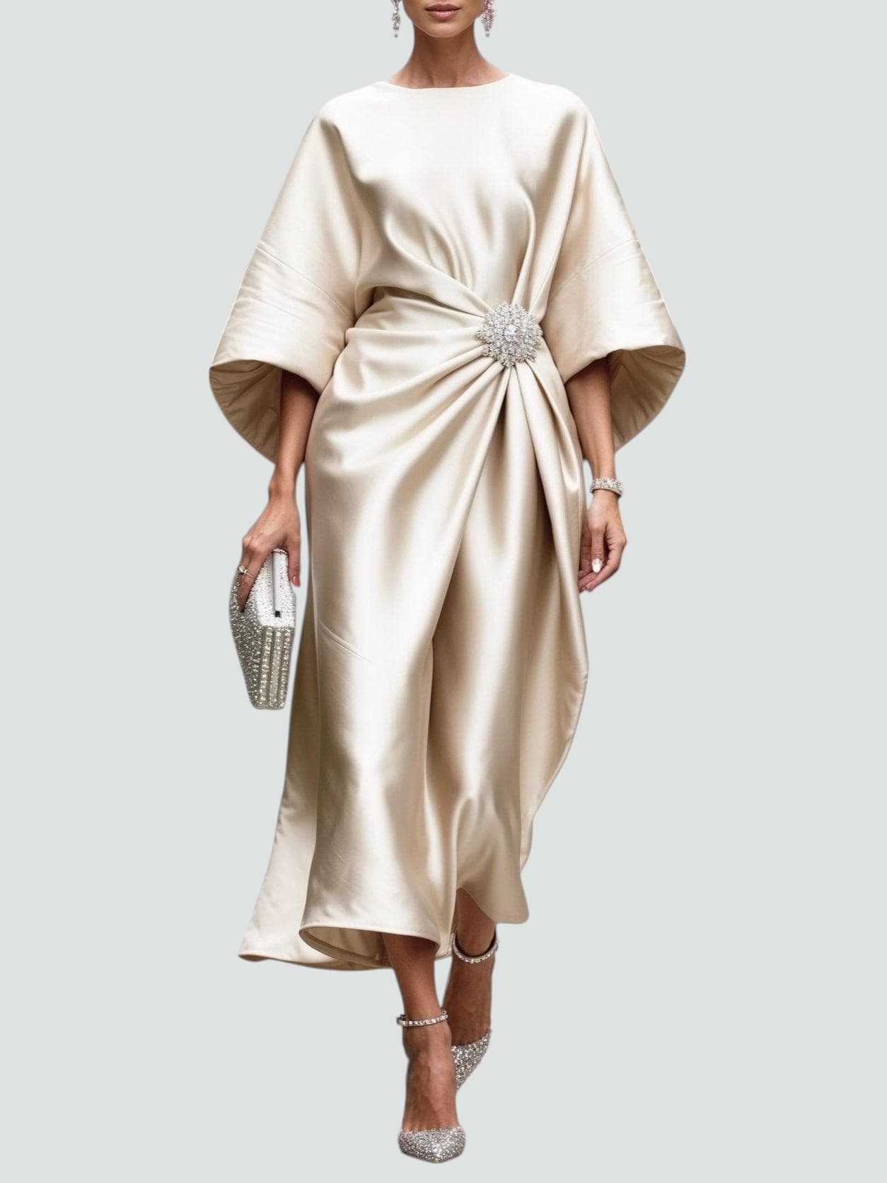 Draped Evening Maxi Dress with Brooch Accent