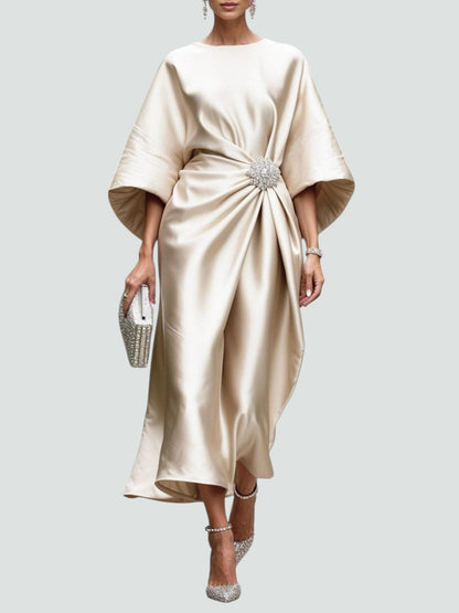 Draped Evening Maxi Dress with Brooch Accent