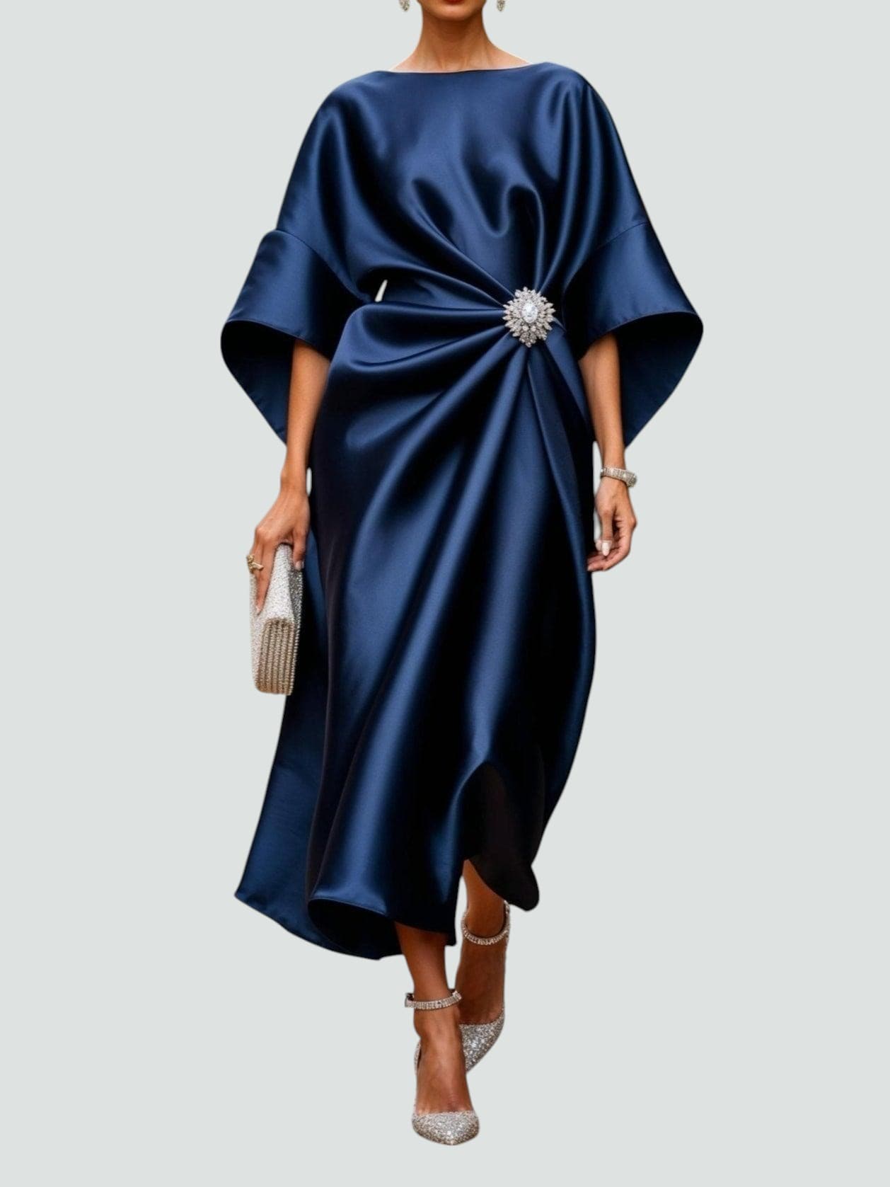 Draped Evening Maxi Dress with Brooch Accent