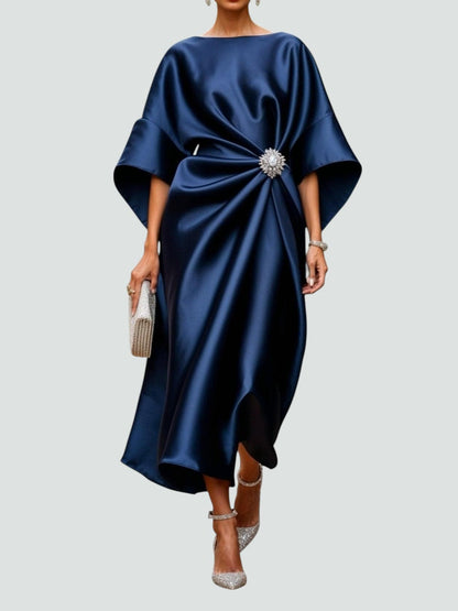 Draped Evening Maxi Dress with Brooch Accent