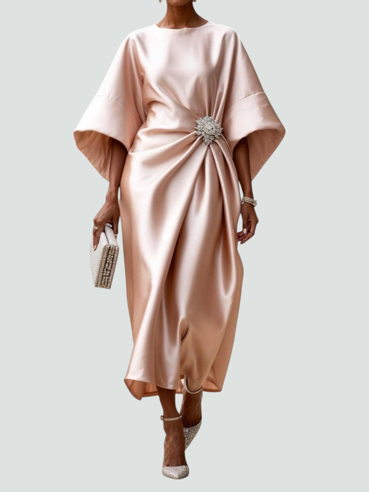 Draped Evening Maxi Dress with Brooch Accent