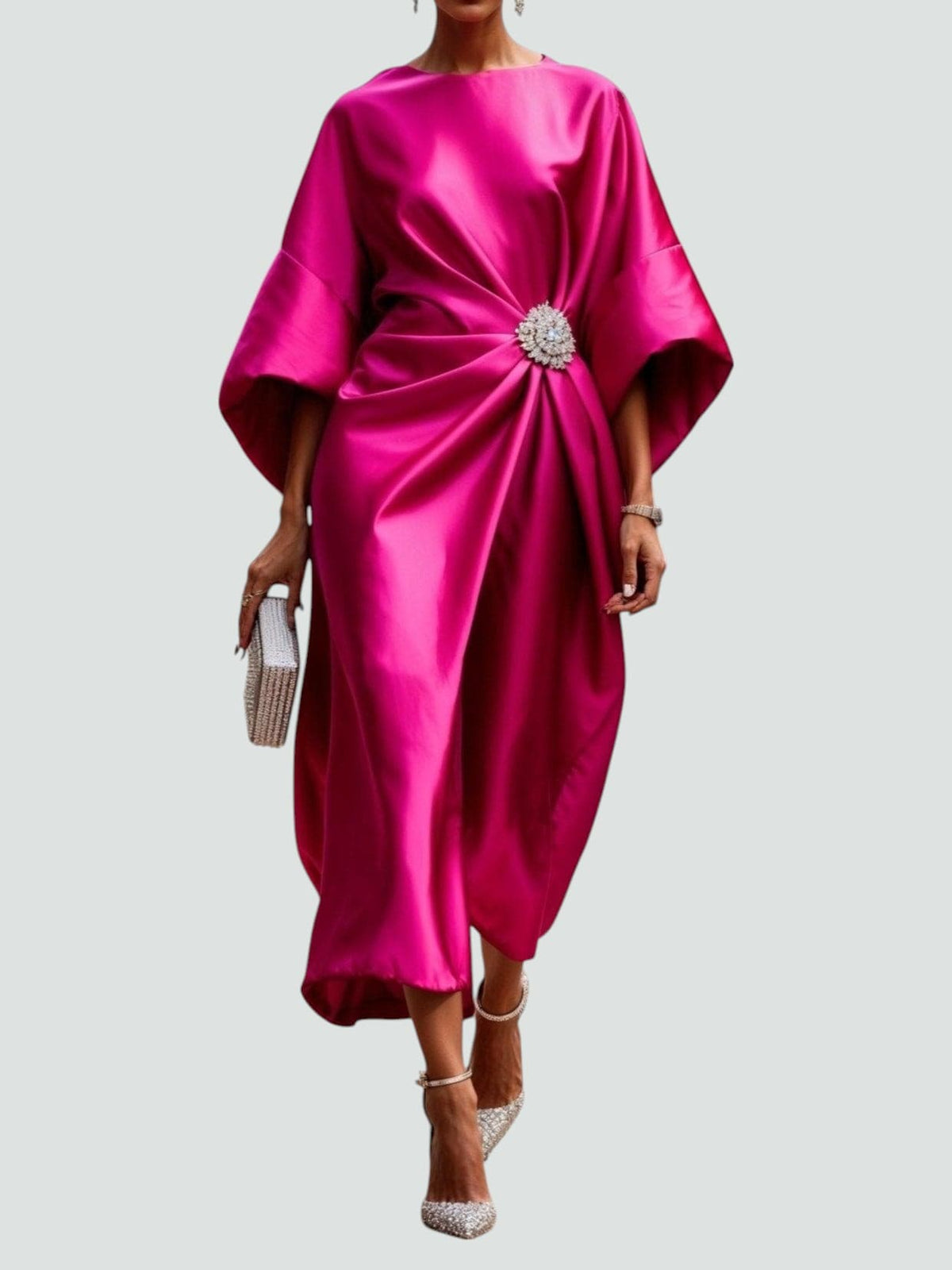 Draped Evening Maxi Dress with Brooch Accent