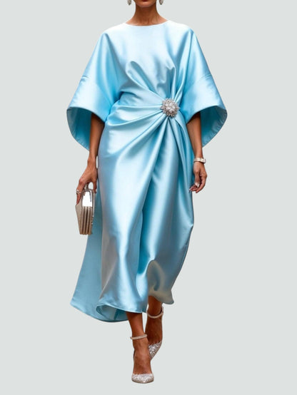Draped Evening Maxi Dress with Brooch Accent
