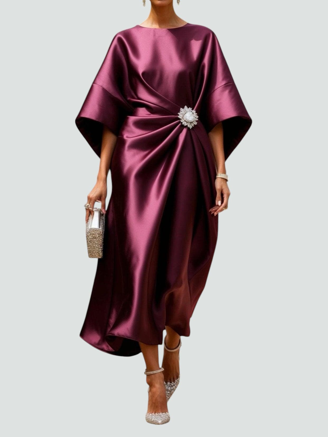 Draped Evening Maxi Dress with Brooch Accent
