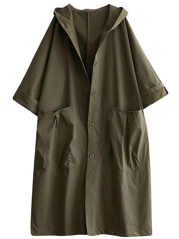 Loose-Fit Cloak-Style Hooded Coat with Pockets